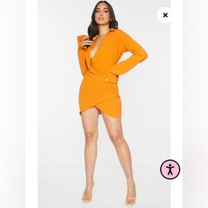 Prettylittlething Orange Woven Extreme Plunge Shirt Dress Size 6